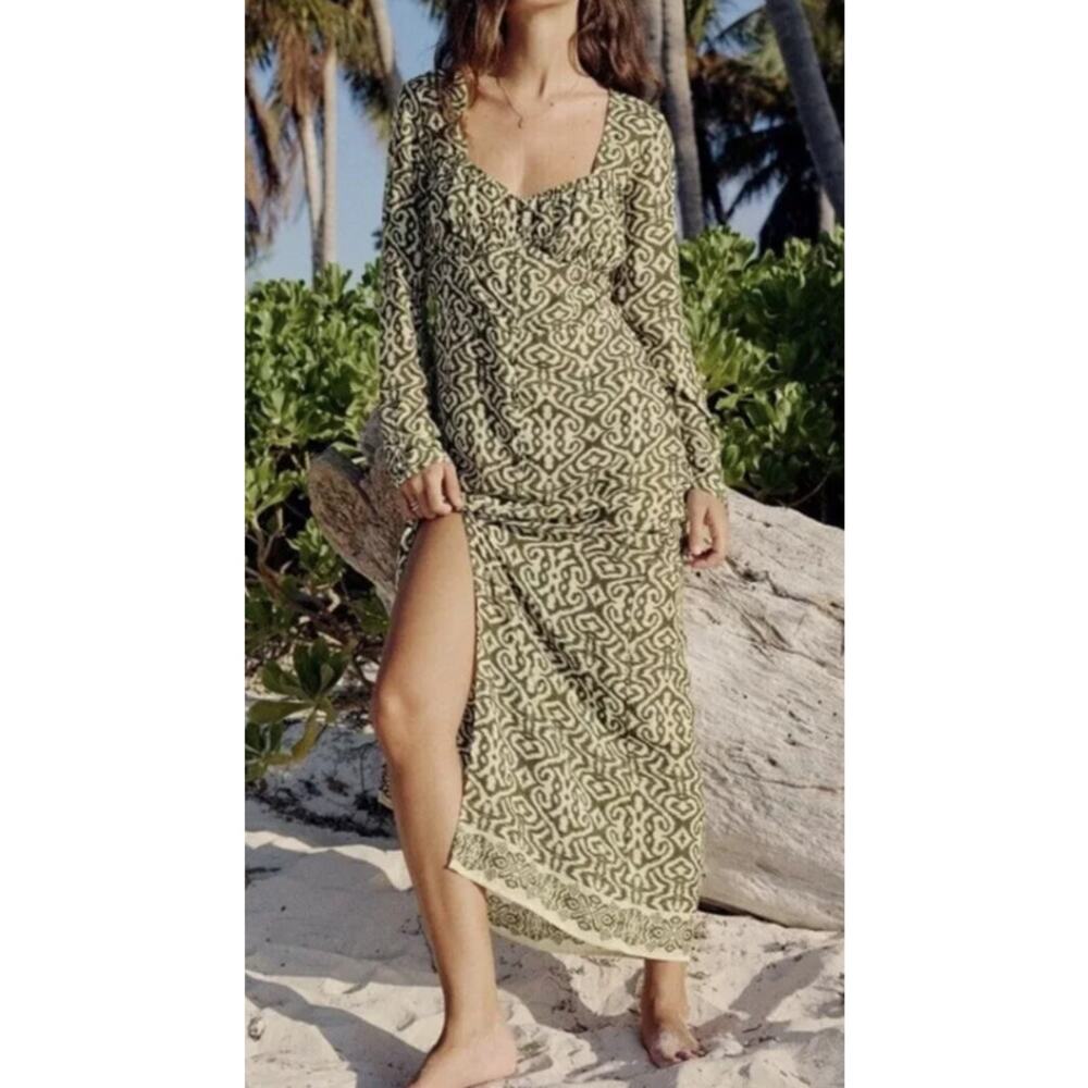 ZARA Printed Midi Dress Modal Sweetheart Long Sleeve Cut Out Open Back Maxi